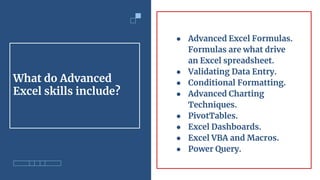 What do Advanced
Excel skills include?
● Advanced Excel Formulas.
Formulas are what drive
an Excel spreadsheet.
● Validating Data Entry.
● Conditional Formatting.
● Advanced Charting
Techniques.
● PivotTables.
● Excel Dashboards.
● Excel VBA and Macros.
● Power Query.
 