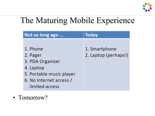 The Maturing Mobile Experience
• Tomorrow?
 
