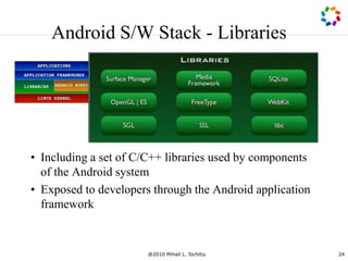 @2010 Mihail L. Sichitiu 24
Android S/W Stack - Libraries
• Including a set of C/C++ libraries used by components
of the Android system
• Exposed to developers through the Android application
framework
 