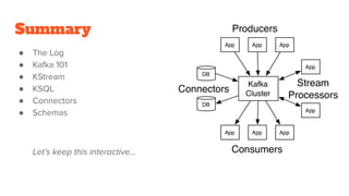 Summary
● The Log
● Kafka 101
● KStream
● KSQL
● Connectors
● Schemas
Let’s keep this interactive...
 