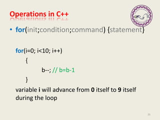 Operations in C++
• for(init;condition;command) {statement}
for(i=0; i<10; i++)
{
b--; // b=b-1
}
variable i will advance from 0 itself to 9 itself
during the loop
25
 