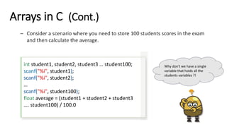 Arrays in C (Cont.)
– Consider a scenario where you need to store 100 students scores in the exam
and then calculate the average.
int student1, student2, student3 … student100;
scanf("%i", student1);
scanf("%i", student2);
…
scanf("%i", student100);
float average = (student1 + student2 + student3
…. student100) / 100.0
Why don't we have a single
variable that holds all the
students variables ?!
 