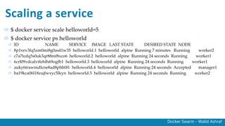 Docker Swarm - Walid Ashraf
Scaling a service
$ docker service scale helloworld=5
$ docker service ps helloworld
ID NAME SERVICE IMAGE LAST STATE DESIRED STATE NODE
8p1vev3fq5zm0mi8g0as41w35 helloworld.1 helloworld alpine Running 7 minutes Running worker2
c7a7tcdq5s0uk3qr88mf8xco6 helloworld.2 helloworld alpine Running 24 seconds Running worker1
6crl09vdcalvtfehfh69ogfb1 helloworld.3 helloworld alpine Running 24 seconds Running worker1
auky6trawmdlcne8ad8phb0f1 helloworld.4 helloworld alpine Running 24 seconds Accepted manager1
ba19kca06l18zujfwxyc5lkyn helloworld.5 helloworld alpine Running 24 seconds Running worker2
 