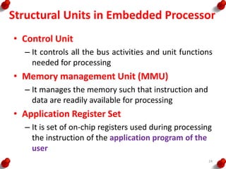 Structural Units in Embedded Processor
• Control Unit
– It controls all the bus activities and unit functions
needed for processing
• Memory management Unit (MMU)
– It manages the memory such that instruction and
data are readily available for processing
• Application Register Set
– It is set of on-chip registers used during processing
the instruction of the application program of the
user
24
 
