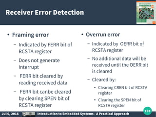 Jul 6, 2016 Introduction to Embedded Systems - A Practical Approach
193
Receiver Error Detection
● Framing error
– Indicated by FERR bit of
RCSTA register
– Does not generate
interrupt
– FERR bit cleared by
reading received data
– FERR bit canbe cleared
by clearing SPEN bit of
RCSTA register
● Overrun error
– Indicated by OERR bit of
RCSTA register
– No additional data will be
received until the OERR bit
is cleared
– Cleared by:
● Clearing CREN bit of RCSTA
register
●
Clearing the SPEN bit of
RCSTA register
 