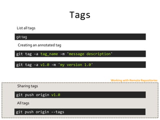 Tags
List all tags

git tag

Creating an annotated tag

git tag -a tag_name -m 'message description'

git tag -a v1.0 -m 'my version 1.0'


                                           Working with Remote Repositories
Sharing tags

git push origin v1.0

All tags

git push origin --tags
 