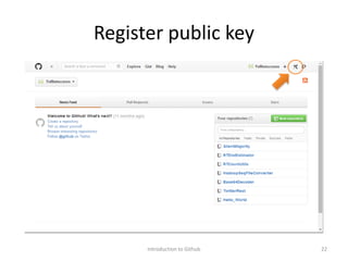 Register public key
Introduction to Github 22
 