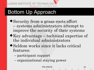 Transfo rm ing Live s. Inve nting the Future .
www.iit.edu
ITM 478/578 24
ILLINOIS INSTITUTE OF TECHNOLOGY
Bottom Up Approach
Security from a grass-roots effort
– systems administrators attempt to
improve the security of their systems
Key advantage – technical expertise of
the individual administrators
Seldom works since it lacks critical
features:
– participant support
– organizational staying power
 