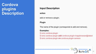 Cordova
plugins
Description
21
Input Description
action
add or remove a plugin;
Plugin
The name of the plugin (corresponds to add and remove).
Examples:
$ ionic cordova plugin
$ ionic cordova plugin add cordova-plugin-inappbrowser@latest
$ ionic cordova plugin rm cordova-plugin-camera
 