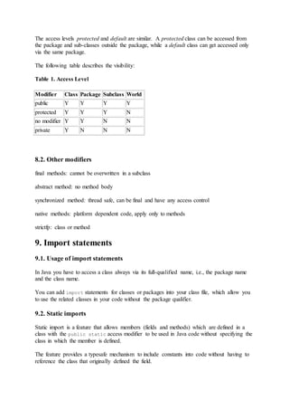 The access levels protected and default are similar. A protected class can be accessed from
the package and sub-classes outside the package, while a default class can get accessed only
via the same package.
The following table describes the visibility:
Table 1. Access Level
Modifier Class Package Subclass World
public Y Y Y Y
protected Y Y Y N
no modifier Y Y N N
private Y N N N
8.2. Other modifiers
final methods: cannot be overwritten in a subclass
abstract method: no method body
synchronized method: thread safe, can be final and have any access control
native methods: platform dependent code, apply only to methods
strictfp: class or method
9. Import statements
9.1. Usage of import statements
In Java you have to access a class always via its full-qualified name, i.e., the package name
and the class name.
You can add import statements for classes or packages into your class file, which allow you
to use the related classes in your code without the package qualifier.
9.2. Static imports
Static import is a feature that allows members (fields and methods) which are defined in a
class with the public static access modifier to be used in Java code without specifying the
class in which the member is defined.
The feature provides a typesafe mechanism to include constants into code without having to
reference the class that originally defined the field.
 