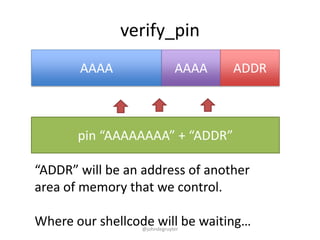 verify_pin
       AAAA                  AAAA   ADDR



       pin “AAAAAAAA” + “ADDR”

“ADDR” will be an address of another
area of memory that we control.

Where our shellcode will be waiting…
                 @johndegruyter
 