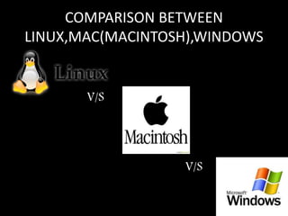 COMPARISON BETWEEN 
LINUX,MAC(MACINTOSH),WINDOWS 
V/S 
V/S 
 