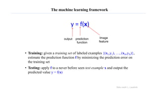 The machine learning framework
y = f(x)
• Training: given a training set of labeled examples {(x1,y1), …, (xN,yN)},
estimate the prediction function f by minimizing the prediction error on
the training set
• Testing: apply f to a never before seen test example x and output the
predicted value y = f(x)
output prediction
function
Image
feature
Slide credit: L. Lazebnik
 