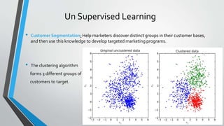 Un Supervised Learning
• Customer Segmentation: Help marketers discover distinct groups in their customer bases,
and then use this knowledge to develop targeted marketing programs.
• The clustering algorithm
forms 3 different groups of
customers to target.
 