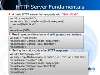 HTTP Server Fundamentals
 A basic HTTP server that responds with “Hello World”
 Reading request headers and setting response headers
 Setting the status code of an HTTP response
var http = require('http');
var server = http.createServer(function(req, res){
res.end('Hello World');
});
server.listen(3000);
var body = 'Hello World';
res.setHeader('Content-Length', body.length);
res.setHeader('Content-Type', 'text/plain');
res.end(body);
var url = 'http://google.com';
var body = ‘<p>Redirecting to <a href=“’ + url + ‘”>’ + url + '</a></p>';
res.setHeader('Location', url);
res.setHeader('Content-Length', body.length);
res.setHeader('Content-Type', 'text/html');
res.statusCode = 302;
res.end(body);
 