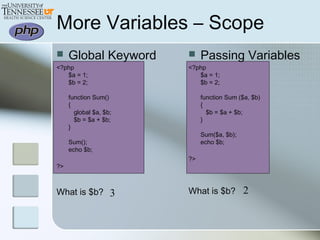  Global Keyword
<?php
$a = 1;
$b = 2;
function Sum()
{
   global $a, $b;
   $b = $a + $b;
}
Sum();
echo $b;
?>
What is $b?
More Variables – Scope
 Passing Variables
<?php
$a = 1;
$b = 2;
function Sum ($a, $b)
{
   $b = $a + $b;
}
Sum($a, $b);
echo $b;
?>
What is $b?3 2
 