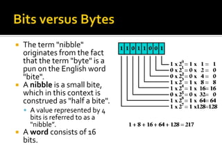  The term "nibble"
  originates from the fact
  that the term "byte" is a
  pun on the English word
  "bite".
 A nibble is a small bite,
  which in this context is
  construed as "half a bite".
     A value represented by 4
      bits is referred to as a
      "nibble”.
   A word consists of 16
    bits.
 