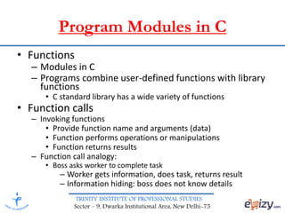 TRINITY INSTITUTE OF PROFESSIONAL STUDIES
Sector – 9, Dwarka Institutional Area, New Delhi-75
Program Modules in C
• Functions
– Modules in C
– Programs combine user-defined functions with library
functions
• C standard library has a wide variety of functions
• Function calls
– Invoking functions
• Provide function name and arguments (data)
• Function performs operations or manipulations
• Function returns results
– Function call analogy:
• Boss asks worker to complete task
– Worker gets information, does task, returns result
– Information hiding: boss does not know details
 
