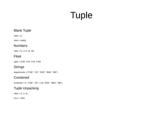 Tuple
Blank Tuple
roles = ()
roles = tuple()
Numbers
roles = (1, 4, 9, 16, 25)
Float
cgpa = (3.85, 3.94, 3.50, 3.60)
Strings
departments = (“CSE”, “CE”, “EEE”, “BBA”, “ME”)
Combined
combined = (1, “CSE”, “CE”, 2.25, “EEE”, “BBA”, “ME”)
Tuple Unpacking
roles = (1, 4, 9,)
a,b,c = roles
 