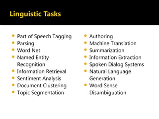  Part of Speech Tagging
 Parsing
 Word Net
 Named Entity
Recognition
 Information Retrieval
 Sentiment Analysis
 Document Clustering
 Topic Segmentation
 Authoring
 Machine Translation
 Summarization
 Information Extraction
 Spoken Dialog Systems
 Natural Language
Generation
 Word Sense
Disambiguation
 