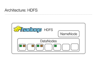 Architecture: HDFS



                       HDFS
                                 NameNode

                     DataNodes
 