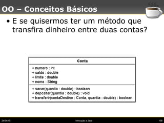 24/04/15 Introução a Java 109
OO – Conceitos Básicos
• E se quisermos ter um método que
transfira dinheiro entre duas contas?
 