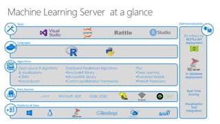 Platforms & Data
Tools
Languages
Algorithms
Data Sources
Rattle Mrsdeploy
RESTful API
deployment
Real-Time
Scoring
Visualization
Tool
Integration
.csv Microsoft .XDF
In-database
deployment
Operationalization
Distributed Parallelized Algorithms:
•RevoScaleR library
•MicrosoftML library
•Custom parallelization frameworks
Open source R algorithms
& visualizations:
•CRAN
•bioconductor
Plus:
•Deep Learning
•Pretrained Models
•Prebuilt Featurizers
ODBC/JDBC
 