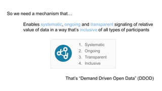 The Problem
Without measuring value,
rational individuals deliver datasets that are
1. Easiest to generate
2. Least risky to release
And the growing volume of datasets
makes locating useful ones hard
 