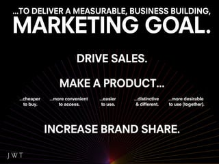 ...TO DELIVER A MEASURABLE, BUSINESS BUILDING,

MARKETING GOAL.
                          DRIVE SALES.

                  MAKE A PRODUCT...
 ...cheaper   ...more convenient   ...easier   ...distinctive   ...more desirable
    to buy.        to access.        to use.    & different.    to use (together).




              INCREASE BRAND SHARE.
 