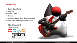 Presenting
• Oracle OpenWorld
• JavaOne
• Oracle Code
• Devoxx
• Java and Oracle User Group meetups
• JavaOne Rockstar (JavaOne 2015)
• ODevC Yatra 2018
Intro to Docker Containers for Oracle professionals 3
 