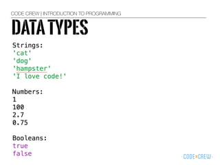 CODE CREW | INTRODUCTION TO PROGRAMMING
DATATYPES
 