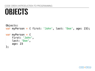 CODE CREW | INTRODUCTION TO PROGRAMMING
OBJECTS
 