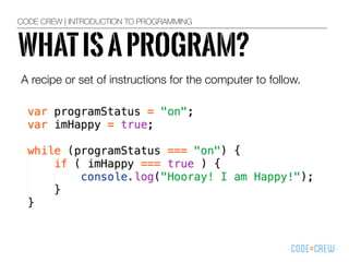 WHATISAPROGRAM?
CODE CREW | INTRODUCTION TO PROGRAMMING
A recipe or set of instructions for the computer to follow.
 