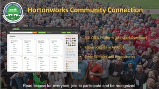 47 ©	Hortonworks	Inc.	2011	–2016.	All	Rights	Reserved
Hortonworks	Community	Connection
Read access for everyone, join to participate and be recognized
• Full	Q&A	Platform	(like	StackOverflow)
• Knowledge	Base	Articles
• Code	Samples	and	Repositories	
 