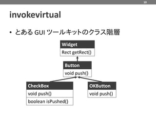 10



invokevirtual
• とある GUI ツールキットのクラス階層
                   Widget
                   Rect getRect()

                    Button
                    void push()

    CheckBox                      OKButton
    void push()                   void push()
    boolean isPushed()
 
