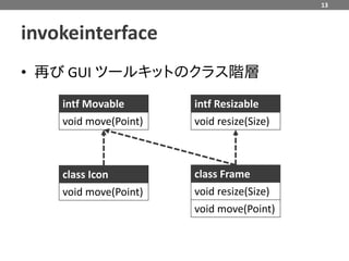 13



invokeinterface
• 再び GUI ツールキットのクラス階層
    intf Movable       intf Resizable
    void move(Point)   void resize(Size)



    class Icon         class Frame
    void move(Point)   void resize(Size)
                       void move(Point)
 