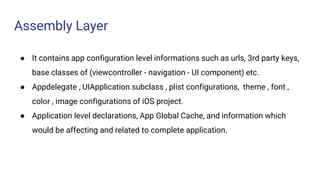 Assembly Layer
● It contains app configuration level informations such as urls, 3rd party keys,
base classes of (viewcontroller - navigation - UI component) etc.
● Appdelegate , UIApplication subclass , plist configurations, theme , font ,
color , image configurations of iOS project.
● Application level declarations, App Global Cache, and information which
would be affecting and related to complete application.
 