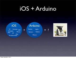 iOS + Arduino

                           iOS              Arduino
                  UI
                    •
                 Compass
                iPod UX
                        Growing
                                 GPS
                              iPhone
                                       +   Robots

                                           Sensors
                                                       Lights
                                                        Robots
                                                                 = ?
                    •       iPad
                  Accelerometer                     Motors




Friday, December 2, 2011
 