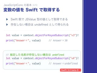 let value = context.objectForKeyedSubscript("v3")!
print("Answer = ", value) // Answer = 30
// 指定した名前が存在しない場合は undefined
let value = context.objectForKeyedSubscript("vX")!
print("Answer = ", value) // Answer = undefined
 