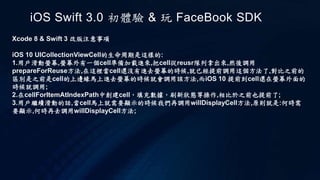 iOS Swift 3.0 初體驗 & 玩 FaceBook SDK
Xcode 8 & Swift 3 改版注意事項
iOS 10 UICollectionViewCell的生命周期是這樣的:
1.用戶滑動螢幕,螢幕外有一個cell準備加載進來,把cell從reusr隊列拿出來,然後調用
prepareForReuse方法,在這裡當cell還沒有進去螢幕的時候,就已經提前調用這個方法了,對比之前的
區別是之前是cell的上邊緣馬上進去螢幕的時候就會調用該方法,而iOS 10 提前到cell還在螢幕外面的
時候就調用;
2.在cellForItemAtIndexPath中創建cell，填充數據，刷新狀態等操作,相比於之前也提前了;
3.用戶繼續滑動的話,當cell馬上就需要顯示的時候我們再調用willDisplayCell方法,原則就是:何時需
要顯示,何時再去調用willDisplayCell方法;
 