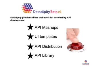 Datadipity provides these web tools for automating API 
development: 
API Mashups 
UI templates 
API Distribution 
API Library 
 