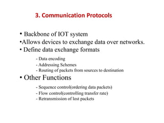 3. Communication Protocols
• Backbone of IOT system
•Allows devices to exchange data over networks.
• Define data exchange formats
- Data encoding
- Addressing Schemes
- Routing of packets from sources to destination
• Other Functions
- Sequence control(ordering data packets)
- Flow control(controlling transfer rate)
- Retransmission of lost packets
 