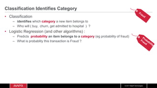 © 2017 MapR Technologies
Classification Identifies Category
•  Classification
–  identifies which category a new item belongs to
–  Who will ( buy, churn, get admitted to hospital ) ?
•  Logistic Regression (and other algorithms) :
–  Predicts probability an item belongs to a category (eg probability of fraud)
–  What is probablity this transaction is Fraud ?
 