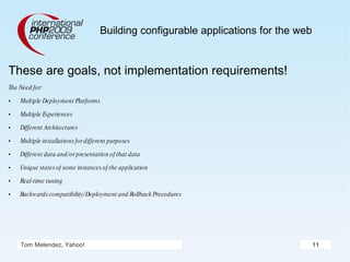 Building configurable applications for the web These are goals, not implementation requirements! The Need for: Multiple Deployment Platforms Multiple Experiences Different Architectures Multiple installations for different purposes Different data and/or presentation of that data Unique states of some instances of the application Real-time tuning Backwards compatibility/Deployment and Rollback Procedures Tom Melendez, Yahoo! 