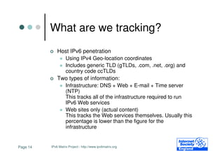 What are we tracking?
              Host IPv6 penetration
                Using IPv4 Geo-location coordinates
                Includes generic TLD (gTLDs, .com, .net, .org) and
                country code ccTLDs
              Two types of information:
                Infrastructure: DNS + Web + E-mail + Time server
                (NTP)
                This tracks all of the infrastructure required to run
                IPv6 Web services
                Web sites only (actual content)
                This tracks the Web services themselves. Usually this
                percentage is lower than the figure for the
                infrastructure


Page 14   IPv6 Matrix Project - http://www.ipv6matrix.org
 