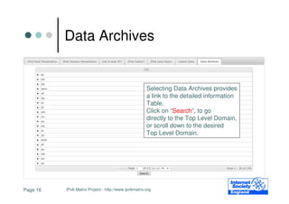 Data Archives


                                                      Selecting Data Archives provides
                                                      a link to the detailed information
                                                      Table.
                                                      Click on “Search”, to go
                                                      directly to the Top Level Domain,
                                                      or scroll down to the desired
                                                      Top Level Domain.




Page 16   IPv6 Matrix Project - http://www.ipv6matrix.org
 
