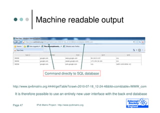 Machine readable output




                       Command directly to SQL database


http://www.ipv6matrix.org:4444/getTable?crawl=2010-07-18_12-24-48&tld=com&table=WWW_com

 It is therefore possible to use an entirely new user interface with the back end database


Page 47        IPv6 Matrix Project - http://www.ipv6matrix.org
 