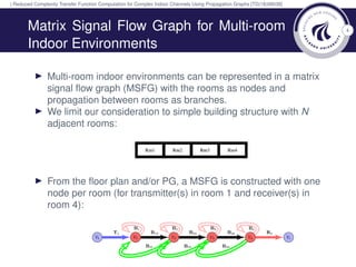 | Reduced Complexity Transfer Function Computation for Complex Indoor Channels Using Propagation Graphs [TD(18)08038]
4Matrix Signal Flow Graph for Multi-room
Indoor Environments
Multi-room indoor environments can be represented in a matrix
signal ﬂow graph (MSFG) with the rooms as nodes and
propagation between rooms as branches.
We limit our consideration to simple building structure with N
adjacent rooms:
From the ﬂoor plan and/or PG, a MSFG is constructed with one
node per room (for transmitter(s) in room 1 and receiver(s) in
room 4):
 