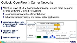 Page 47 © NEC Corporation 2015
Outlook: OpenFlow in Carrier Networks
▌After first wave of NFV-based softwarization, we see more demand
for true Software-Defined Networking
 Commoditizing forwarding elements further
 Enhanced programmability and proper policy abstractions
▌New abstractions and
programmability models
for OpenFlow
▌Powerful policy
frameworks
▌Network redesign
 