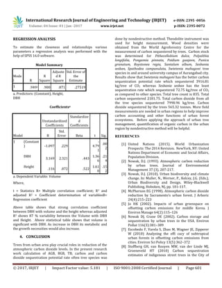 International Research Journal of Engineering and Technology (IRJET) e-ISSN: 2395 -0056
Volume: 04 Issue: 01 | Jan -2017 www.irjet.net p-ISSN: 2395-0072
© 2017, IRJET | Impact Factor value: 5.181 | ISO 9001:2008 Certified Journal | Page 601
REGRESSION ANALYSIS
To estimate the closeness and relationships various
parameters a regression analysis was performed with the
help of SPSS 16.0 software.
Model Summary
Mode
l R
R
Square
Adjuste
d R
Square
Std. Error of
the
Estimate
1 .949a .900 .871 .27519
a. Predictors: (Constant), Height,
DBH
Coefficientsa
Model
Unstandardized
Coefficients
Standardize
d
Coefficients
t Sig.B
Std.
Error Beta
1 (Constant
) -1.097 .229
-
4.79
1
.00
2
DBH
3.169 2.321 .443
1.36
6
.21
4
Height
.116 .072 .522
1.61
0
.15
2
a. Dependent Variable: Volume
Where,
t = Statistics R= Multiple correlation coefficient; R2 and
adjusted R2 = Coefficient determination of variablesB=
Regression coefficient
Above table shows that strong correlation coefficient
between DBH with volume and the height whereas adjusted
R2 shows 87 % variability between the Volume with DBH
and Height. Above statistical table shows that volume is
significant with DBH. As increase in DBH its metabolic and
the growth necessities would also increase.
4. CONCLUSION
Trees from urban area play crucial roles in reduction of the
atmospheric carbon dioxide levels. In the present research
work calculation of AGB, BGB, TB, carbon and carbon
dioxide sequestration potential rate often tree species was
done by nondestructive method. Theodolite instrument was
used for height measurement. Wood densities were
obtained from the World Agroforestry Centre for the
measurement of carbon sequestered by trees. Carbon stock
was determined for Pithecellobium dulce, Polyalthia
longifolia, Pongamia pinnata, Psidium guajava, Punica
granatum, Roystonea regia, Santalum album, Sesbania
sesban, Spathodea campanulata, Swietenia mahagoni tree
species in and around university campus of Aurangabad city.
Results show that Swietenia mahagoni has the better carbon
sequestration potential rate which sequestered 3916.81
kg/tree of CO2 whereas Sesbania sesban has the least
sequestration rate which sequestered 72.75 kg/tree of CO2
as compared to other species. Total tree count is 835. Total
carbon sequestered 2181.75. Total carbon dioxide from all
the tree species sequestered 7998.96 kg/tree. Carbon
dioxide sequestered by the trees 565.32 tonnes. More field
measurements are needed in urban regions to help improve
carbon accounting and other functions of urban forest
ecosystems. Before applying the approach of urban tree
management, quantification of organic carbon in the urban
region by nondestructive method will be helpful.
REFERENCES
[1] United Nations (2015). World Urbanization
Prospects: The 2014 Revision. NewYork, NY: United
Nations Department of Economic and Social Affairs,
Population Division.
[2] Nowak, D.J. (1993). Atmospheric carbon reduction
by urban trees. Journal of Environmental
Management 37 (3), 207-217.
[3] Nowak, D.J. (2010). Urban biodiversity and climate
change. In: Muller, N., Werner, P., Kelcey, J.G. (Eds.),
Urban Biodiversity and Design. Wiley-Blackwell
Publishing, Hoboken, NJ, pp. 101-117.
[4] McPherson EG (1998). Atmospheric carbon dioxide
reduction by Sacramento’s urban forest. J Arboric
24(4):215–223
[5] Jo HK (2002). Impacts of urban greenspace on
offsetting carbon emissions for middle Korea. J
Environ Manage 64(2):115–126
[6] Nowak DJ, Crane DE (2002). Carbon storage and
sequestration by urban trees in the USA. Environ
Pollut 116(3):381–389
[7] Escobedo F, Varela S, Zhao M, Wagner JE, Zipperer
W (2010) Analyzing the effi cacy of subtropical
urban forests in offsetting carbon emissions from
cities. Environ Sci Policy 13(5):362–372
[8] Stoffberg GH, van Rooyen MW, van der Linde MJ,
Groeneveld HT (2010) Carbon sequestration
estimates of indigenous street trees in the City of
 